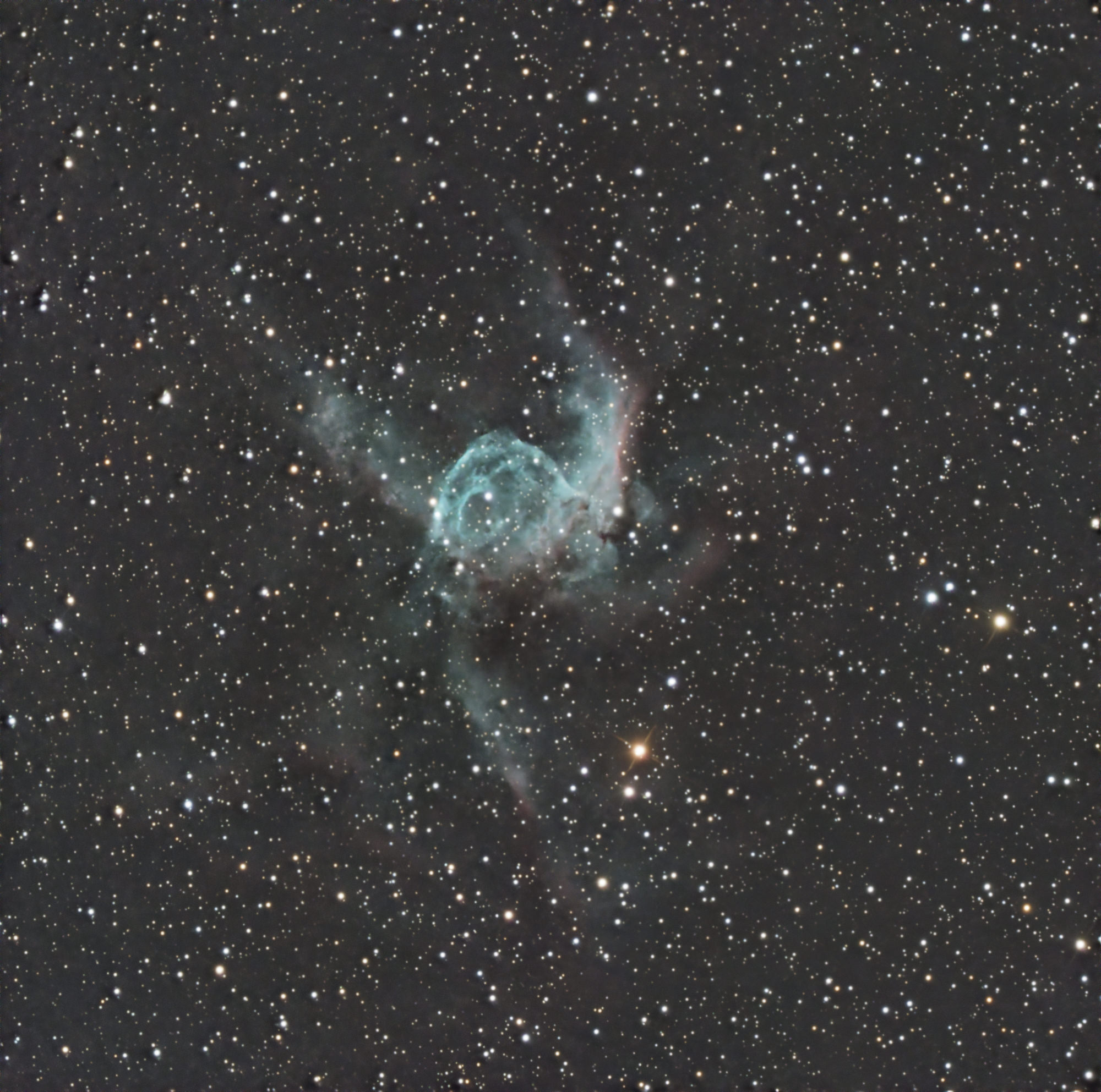 The Duck Nebula, also known as Thor's Helmet, NGC 2359 is a Wolf-Rayet ring nebula (a special type of emission nebula) in the constellation of Canis Major, south of the celestial equator.